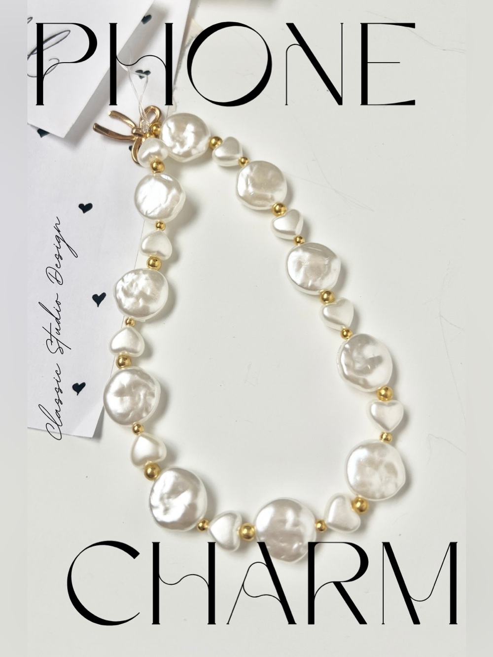 Pearl Phone Bracelet Strap with Gold Beads - Classic Studio Design